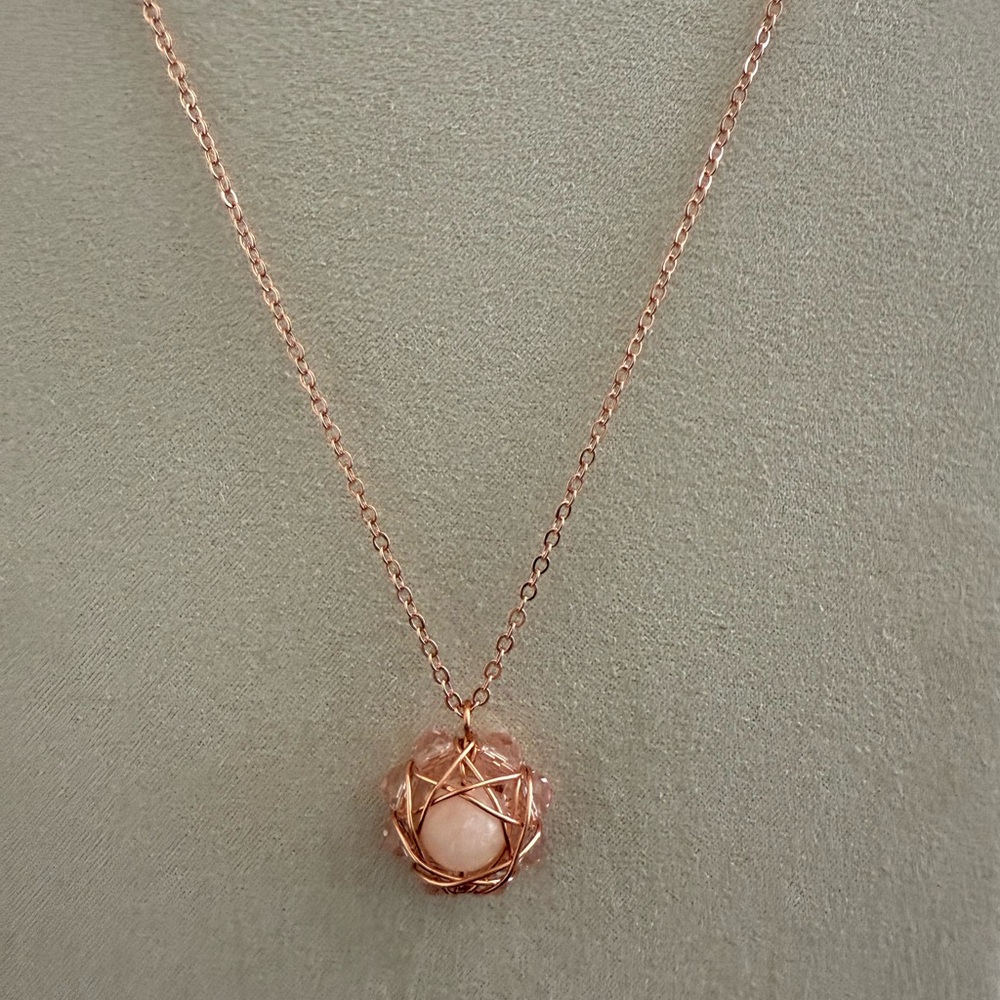 Wire-Wrapped Rose Quartz And Pink Swarovski Crystals Pendant Necklace